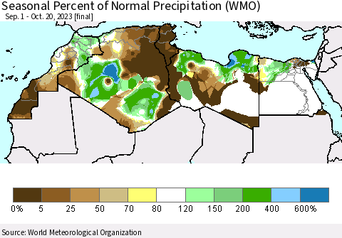 North Africa Seasonal Percent of Normal Precipitation (WMO) Thematic Map For 9/1/2023 - 10/20/2023