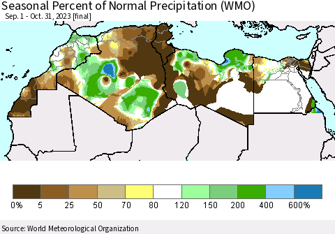 North Africa Seasonal Percent of Normal Precipitation (WMO) Thematic Map For 9/1/2023 - 10/31/2023