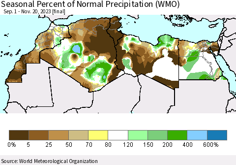 North Africa Seasonal Percent of Normal Precipitation (WMO) Thematic Map For 9/1/2023 - 11/20/2023
