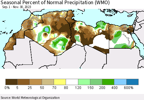 North Africa Seasonal Percent of Normal Precipitation (WMO) Thematic Map For 9/1/2023 - 11/30/2023