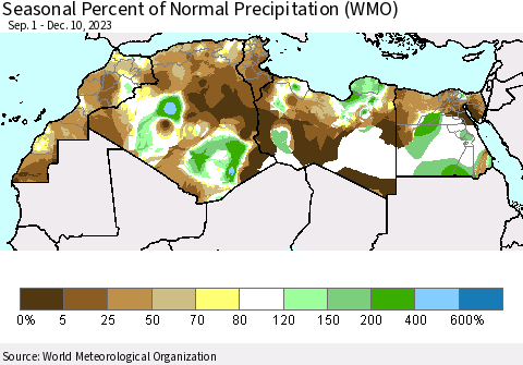 North Africa Seasonal Percent of Normal Precipitation (WMO) Thematic Map For 9/1/2023 - 12/10/2023
