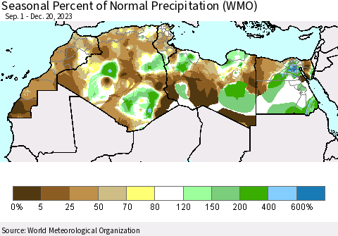 North Africa Seasonal Percent of Normal Precipitation (WMO) Thematic Map For 9/1/2023 - 12/20/2023