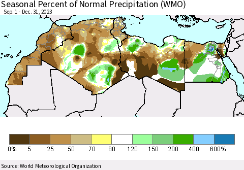 North Africa Seasonal Percent of Normal Precipitation (WMO) Thematic Map For 9/1/2023 - 12/31/2023