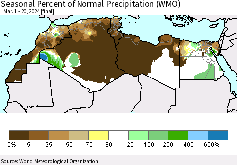 North Africa Seasonal Percent of Normal Precipitation (WMO) Thematic Map For 3/1/2024 - 3/20/2024