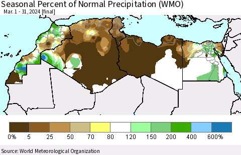 North Africa Seasonal Percent of Normal Precipitation (WMO) Thematic Map For 3/1/2024 - 3/31/2024