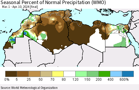 North Africa Seasonal Percent of Normal Precipitation (WMO) Thematic Map For 3/1/2024 - 4/10/2024