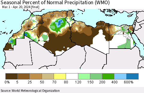 North Africa Seasonal Percent of Normal Precipitation (WMO) Thematic Map For 3/1/2024 - 4/20/2024