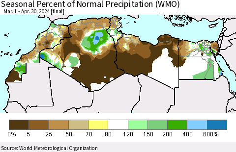 North Africa Seasonal Percent of Normal Precipitation (WMO) Thematic Map For 3/1/2024 - 4/30/2024