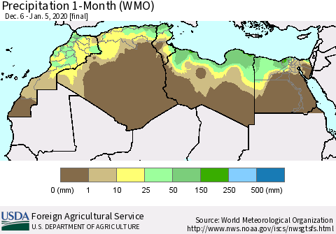 North Africa Precipitation 1-Month (WMO) Thematic Map For 12/6/2019 - 1/5/2020
