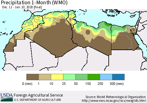 North Africa Precipitation 1-Month (WMO) Thematic Map For 12/11/2019 - 1/10/2020