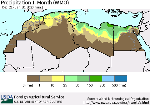 North Africa Precipitation 1-Month (WMO) Thematic Map For 12/21/2019 - 1/20/2020