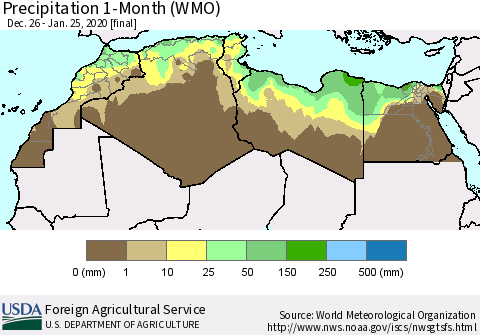 North Africa Precipitation 1-Month (WMO) Thematic Map For 12/26/2019 - 1/25/2020