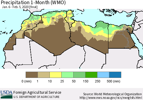 North Africa Precipitation 1-Month (WMO) Thematic Map For 1/6/2020 - 2/5/2020