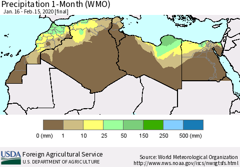 North Africa Precipitation 1-Month (WMO) Thematic Map For 1/16/2020 - 2/15/2020