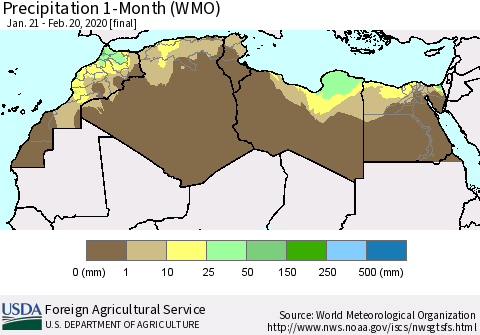 North Africa Precipitation 1-Month (WMO) Thematic Map For 1/21/2020 - 2/20/2020