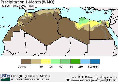 North Africa Precipitation 1-Month (WMO) Thematic Map For 1/26/2020 - 2/25/2020