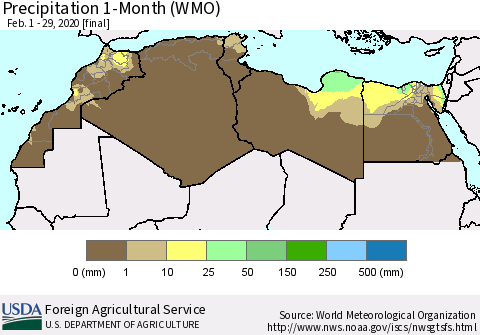 North Africa Precipitation 1-Month (WMO) Thematic Map For 2/1/2020 - 2/29/2020