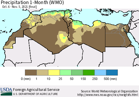 North Africa Precipitation 1-Month (WMO) Thematic Map For 10/6/2021 - 11/5/2021