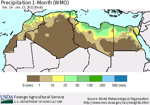 North Africa Precipitation 1-Month (WMO) Thematic Map For 12/16/2021 - 1/15/2022