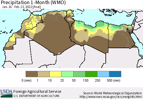 North Africa Precipitation 1-Month (WMO) Thematic Map For 1/16/2022 - 2/15/2022