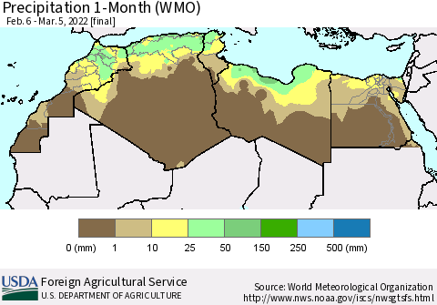 North Africa Precipitation 1-Month (WMO) Thematic Map For 2/6/2022 - 3/5/2022