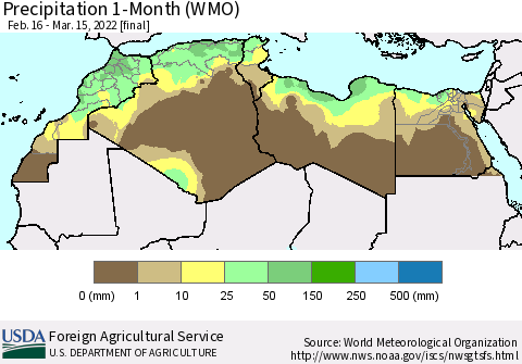 North Africa Precipitation 1-Month (WMO) Thematic Map For 2/16/2022 - 3/15/2022