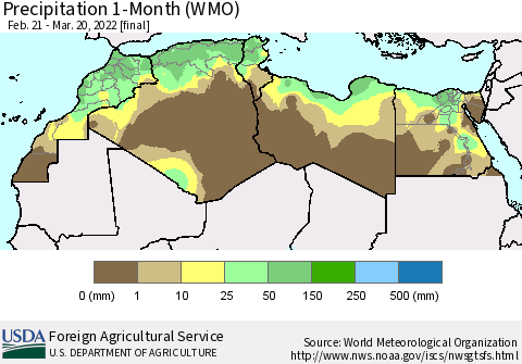 North Africa Precipitation 1-Month (WMO) Thematic Map For 2/21/2022 - 3/20/2022
