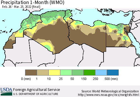 North Africa Precipitation 1-Month (WMO) Thematic Map For 2/26/2022 - 3/25/2022