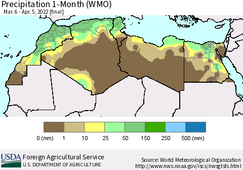 North Africa Precipitation 1-Month (WMO) Thematic Map For 3/6/2022 - 4/5/2022
