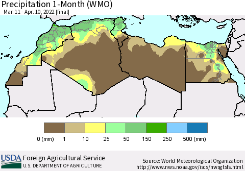 North Africa Precipitation 1-Month (WMO) Thematic Map For 3/11/2022 - 4/10/2022