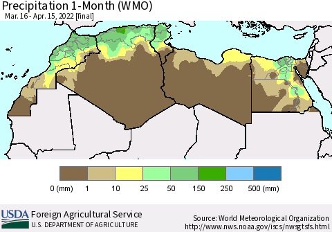 North Africa Precipitation 1-Month (WMO) Thematic Map For 3/16/2022 - 4/15/2022