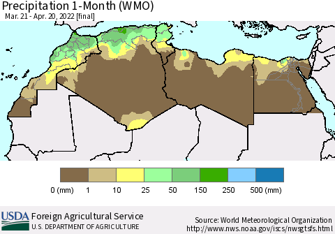 North Africa Precipitation 1-Month (WMO) Thematic Map For 3/21/2022 - 4/20/2022