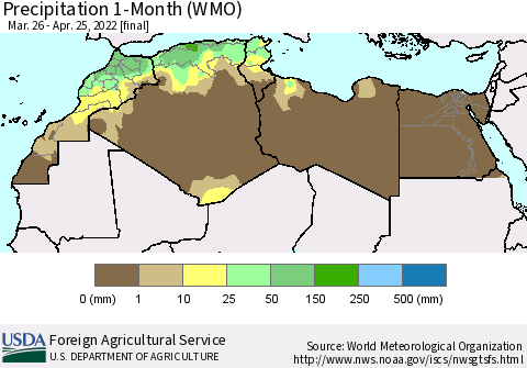 North Africa Precipitation 1-Month (WMO) Thematic Map For 3/26/2022 - 4/25/2022
