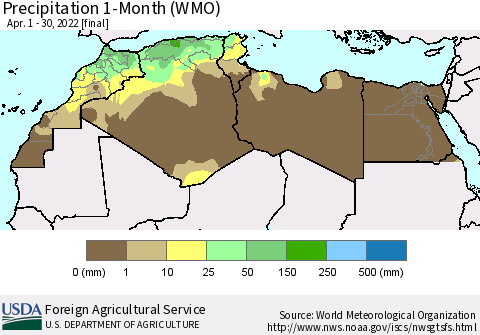 North Africa Precipitation 1-Month (WMO) Thematic Map For 4/1/2022 - 4/30/2022