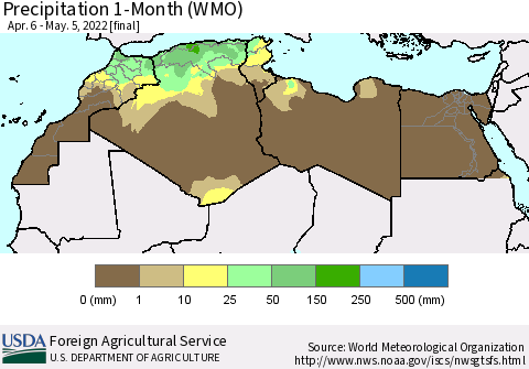 North Africa Precipitation 1-Month (WMO) Thematic Map For 4/6/2022 - 5/5/2022