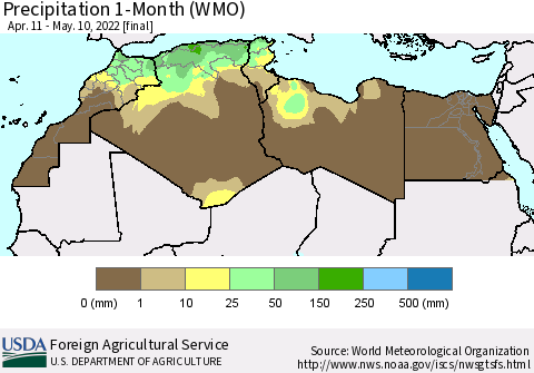 North Africa Precipitation 1-Month (WMO) Thematic Map For 4/11/2022 - 5/10/2022