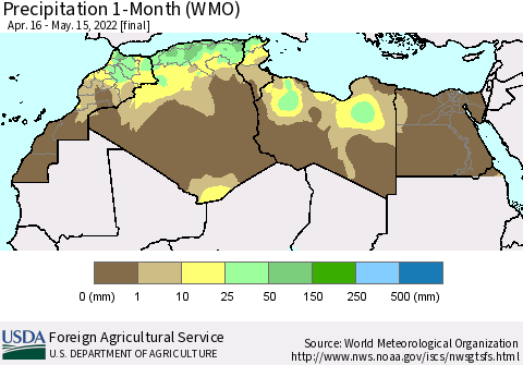 North Africa Precipitation 1-Month (WMO) Thematic Map For 4/16/2022 - 5/15/2022