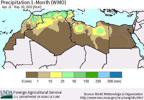 North Africa Precipitation 1-Month (WMO) Thematic Map For 4/21/2022 - 5/20/2022