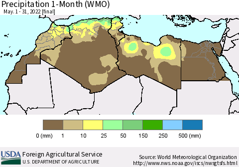 North Africa Precipitation 1-Month (WMO) Thematic Map For 5/1/2022 - 5/31/2022