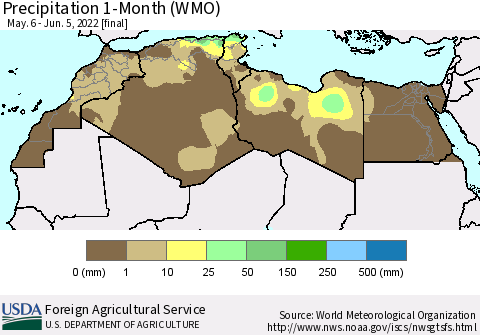 North Africa Precipitation 1-Month (WMO) Thematic Map For 5/6/2022 - 6/5/2022