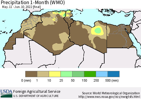 North Africa Precipitation 1-Month (WMO) Thematic Map For 5/11/2022 - 6/10/2022