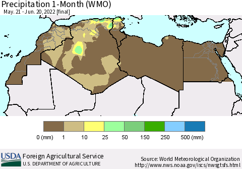 North Africa Precipitation 1-Month (WMO) Thematic Map For 5/21/2022 - 6/20/2022
