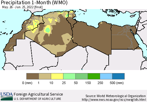 North Africa Precipitation 1-Month (WMO) Thematic Map For 5/26/2022 - 6/25/2022