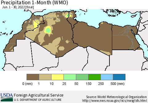North Africa Precipitation 1-Month (WMO) Thematic Map For 6/1/2022 - 6/30/2022