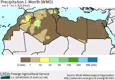 North Africa Precipitation 1-Month (WMO) Thematic Map For 6/6/2022 - 7/5/2022