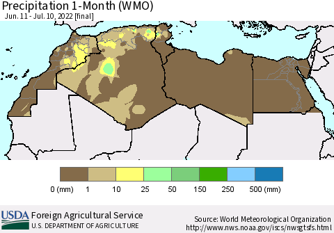 North Africa Precipitation 1-Month (WMO) Thematic Map For 6/11/2022 - 7/10/2022