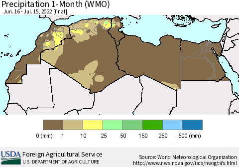 North Africa Precipitation 1-Month (WMO) Thematic Map For 6/16/2022 - 7/15/2022