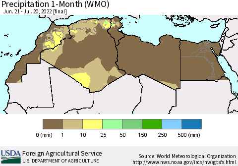 North Africa Precipitation 1-Month (WMO) Thematic Map For 6/21/2022 - 7/20/2022