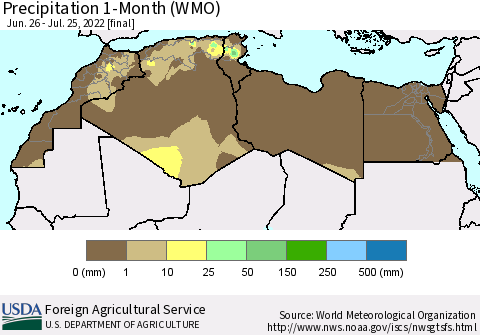 North Africa Precipitation 1-Month (WMO) Thematic Map For 6/26/2022 - 7/25/2022