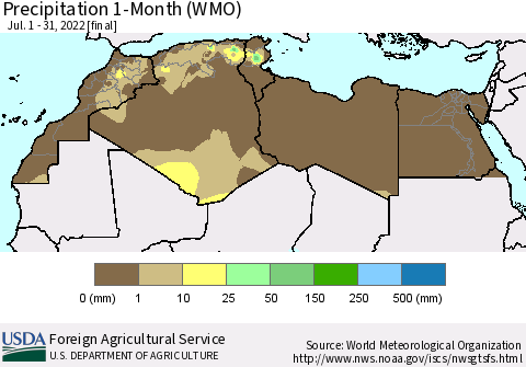 North Africa Precipitation 1-Month (WMO) Thematic Map For 7/1/2022 - 7/31/2022